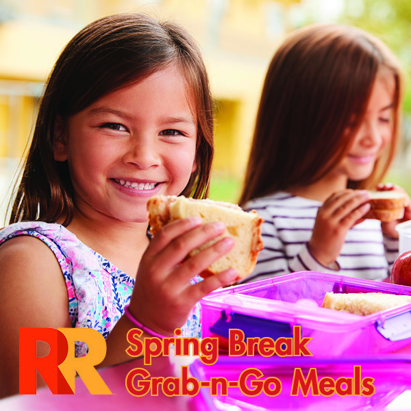 Spring Break Grab-n-Go Meals written over an image of a 2nd grade girl eating a sandwich