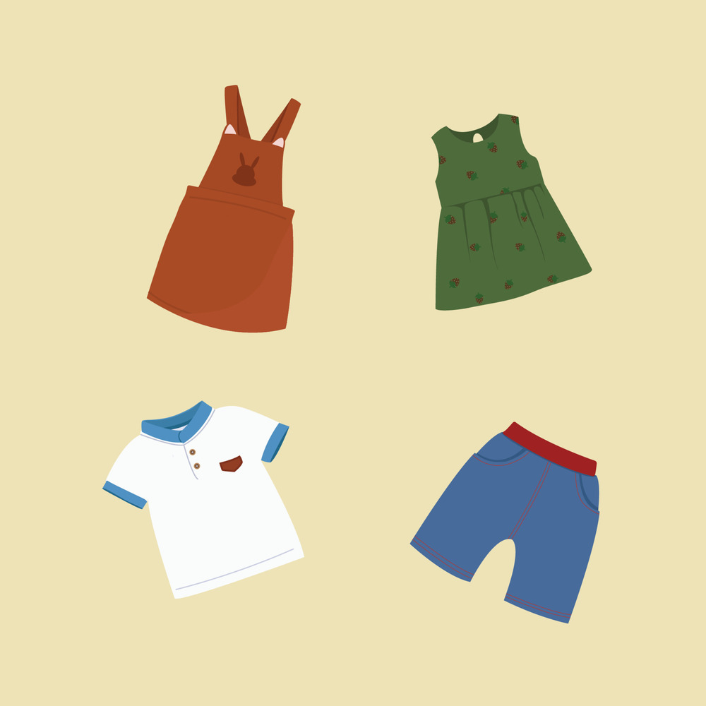 orange overalls, green dress, blue shorts, white polo shirt with blue collar