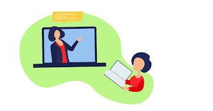 Teacher in a computer with student and a book