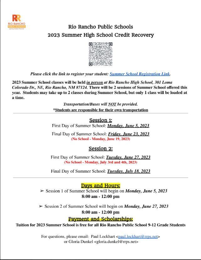 2023 Summer High School Credit Recovery