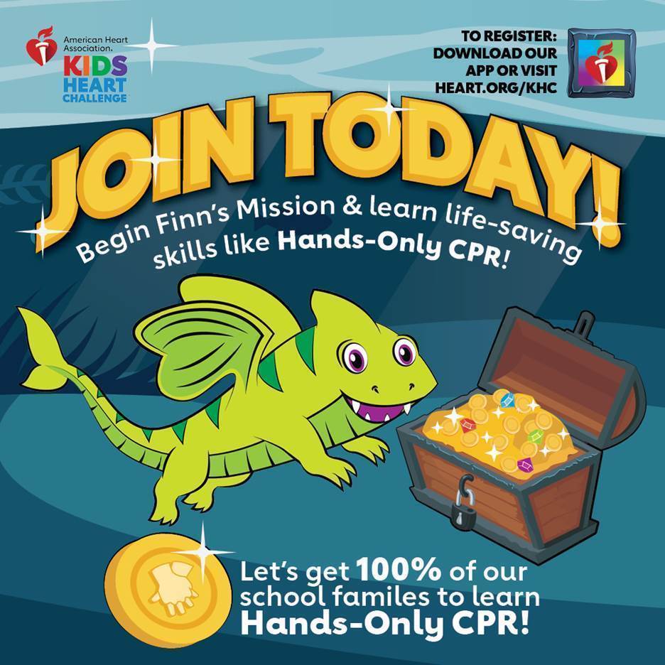 Kids Heart Challenge Flyer- Join today! Begin Finn's Mission and learn life saving skills like Hands only CPR