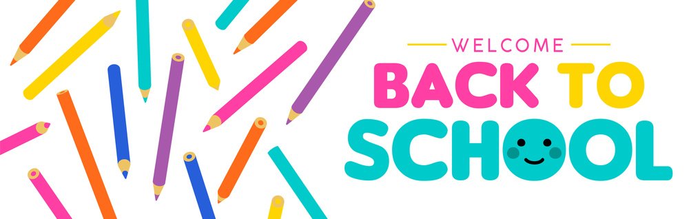 colorful scattered pencils next to the text welcome back to school