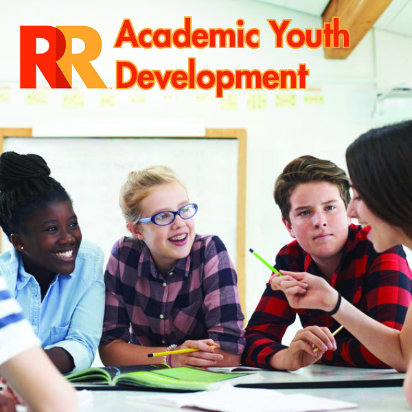 Academic Youth Development written in orange above an image of four high school freshman working on a lesson