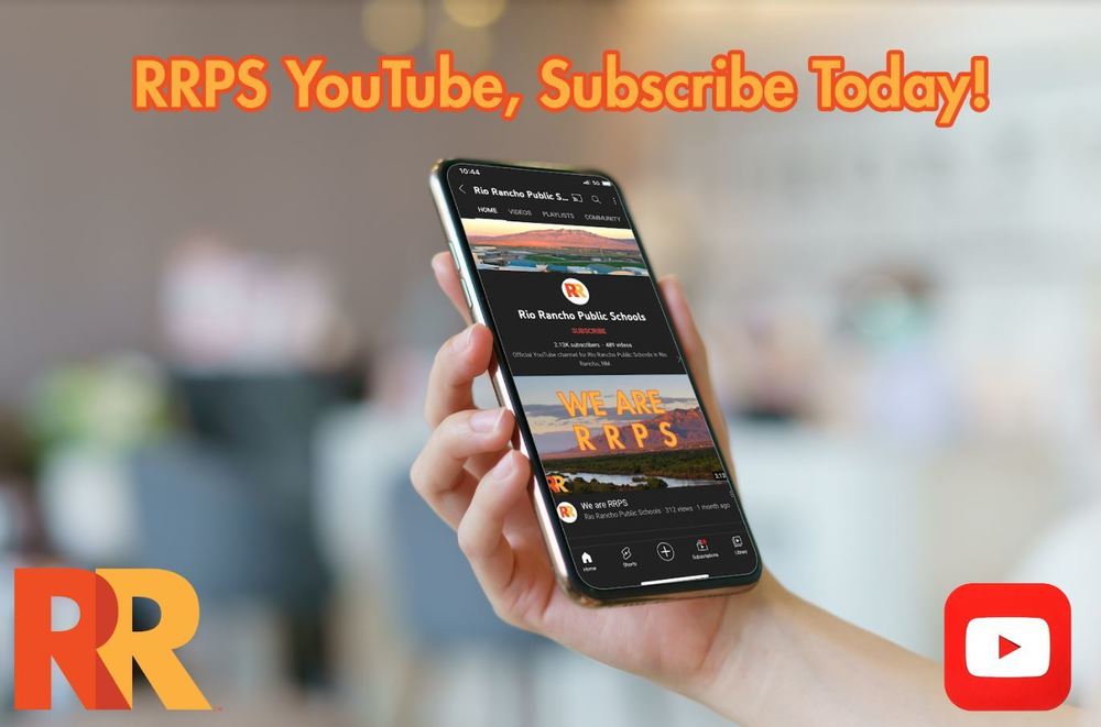 "Subscribe to RRPS YouTube today" written over an image of someone looking at YouTube on their cell phone