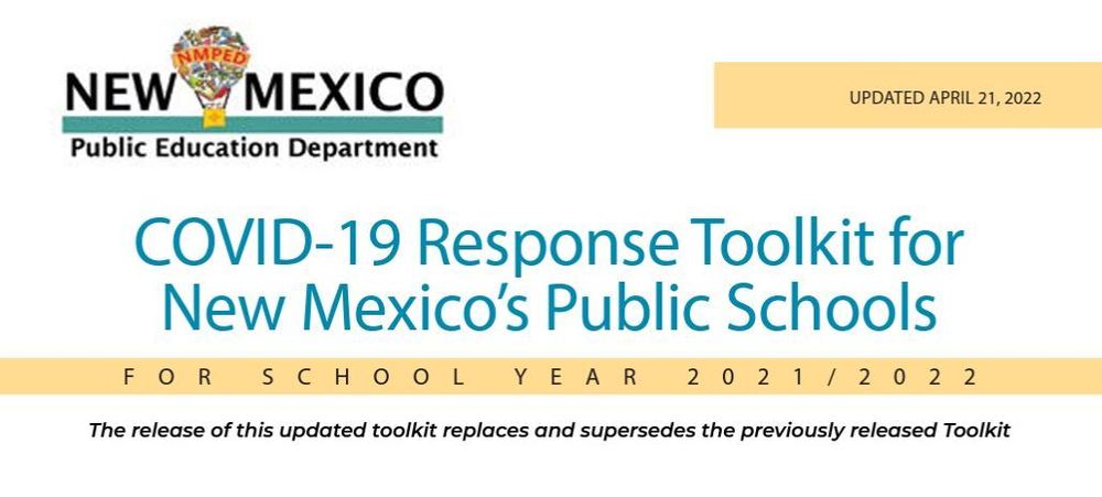 A photo of the cover page for the newest COVID-19 Response Toolkit for NM Public Schools from the NMPED dated April 21, 2022