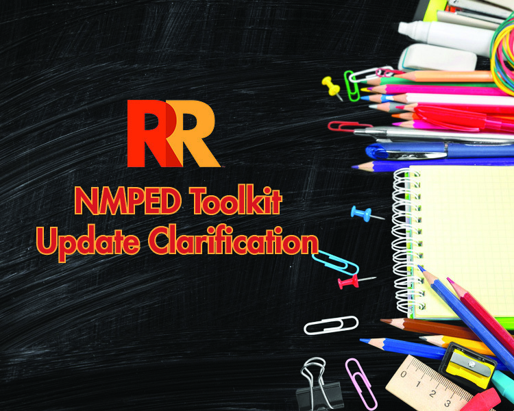 NMPED Toolkit clarification update written on a chalkboard background.