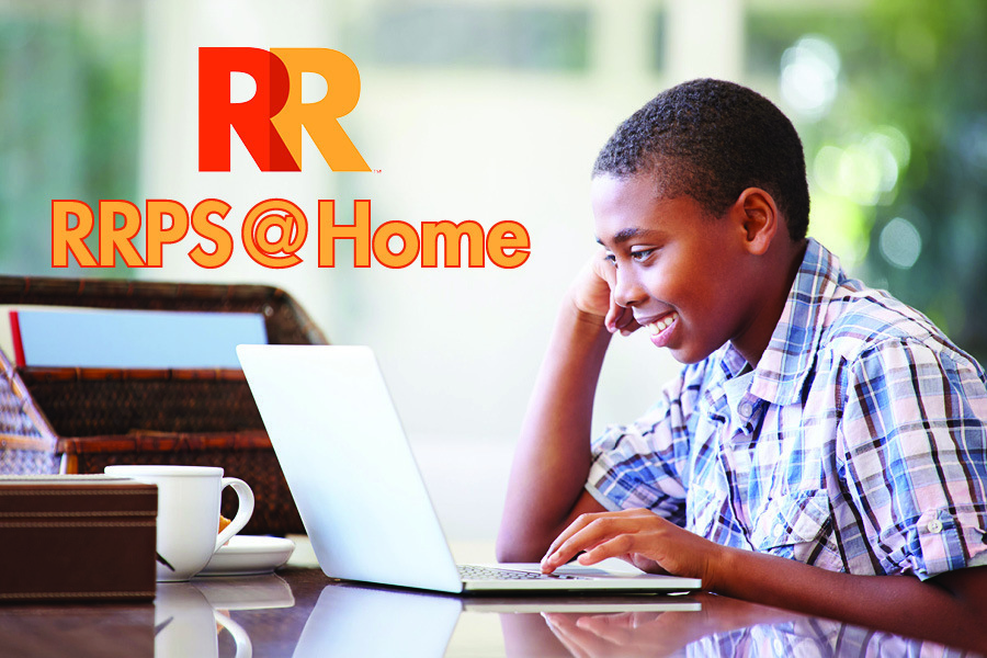 RRPS at Home services. Image shows a young teen working on a laptop computer.