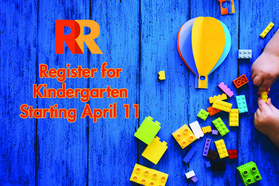 Register for kindergarten starting April 11 written over an image of a child playing with legos