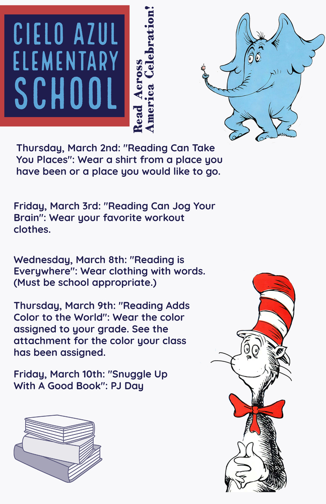CAE Read Across America Flyer with various Dr. Seuss characters, and a stack of books