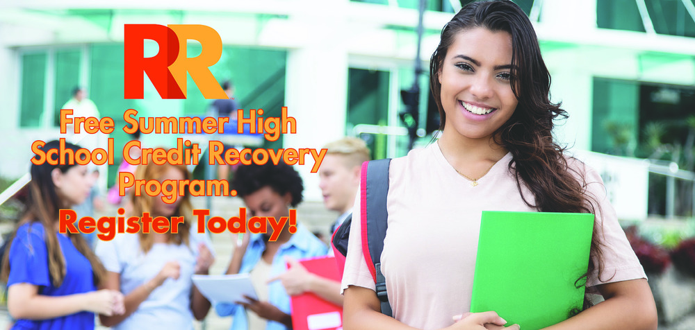 Free summer high school credit recovery program written on a photo of a high school girl carrying a backpack and books while smiling.