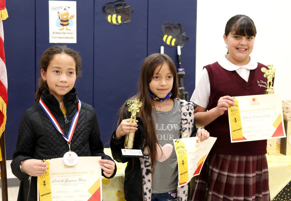 Photo of the top three Spanish Spelling Bee contestants