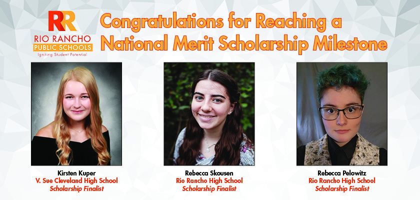 Congratulations for reaching a National Merit Scholarship Milestone written above photos of three high school students