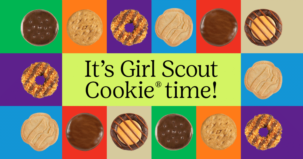 Colorful tiles with different girl scout cookies, with the words 'It's Girl Scout Cookie time!"