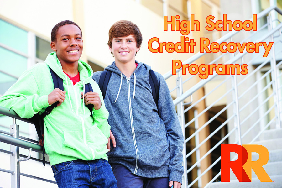 High School Credit Recover with an image of two high school students with backpacks standing on stairs