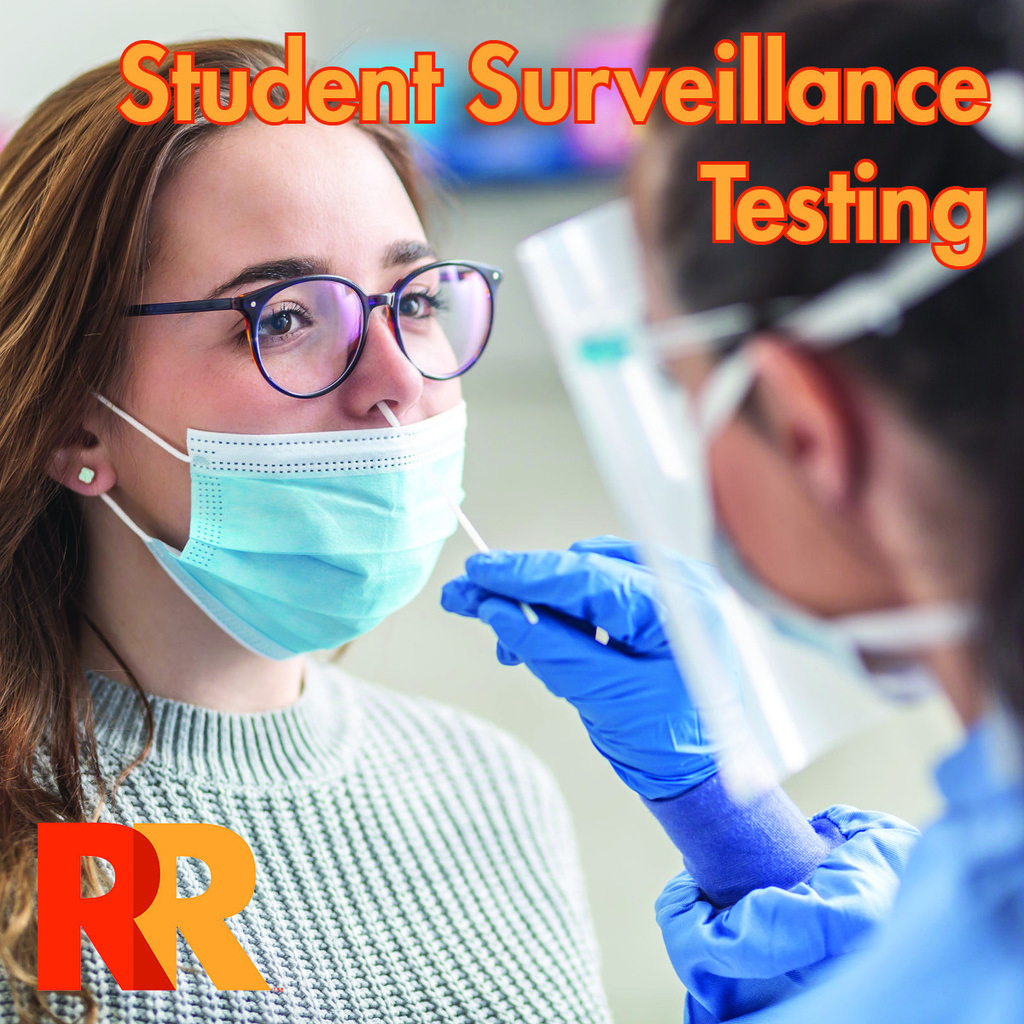 Student surveillance testing program with image of student having nasal area swabbed