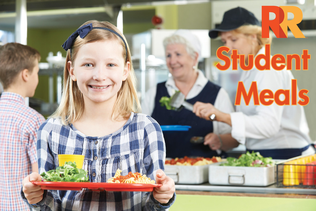 Child holding a school lunch tray with the words "Student Meals"