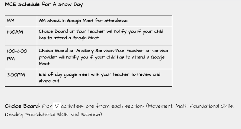 snow day schedule      https://docs.google.com/document/d/1VEhDNg1RQSbja2F_Zmc-P_6rfAdVq0_BE2TemJ5Bkfk/edit?usp=sharing