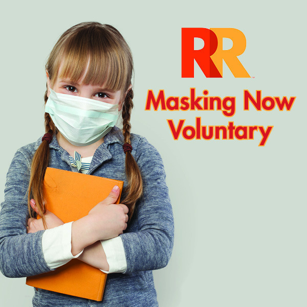 "Masking Now Voluntary" written next to a little girl wearing a face mask and holding books.