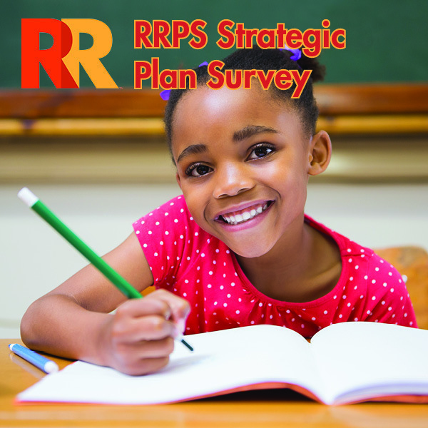 The words RRPS Strategic Planning Survey written over an image of a little girl writing with a pencil in a notebook and smiling.