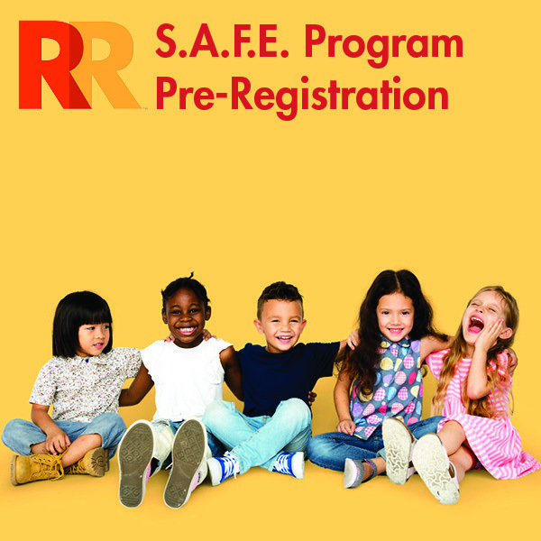 SAFE Program pre-registration written over a photo of five elementary aged children laughing and sitting together on the floor.