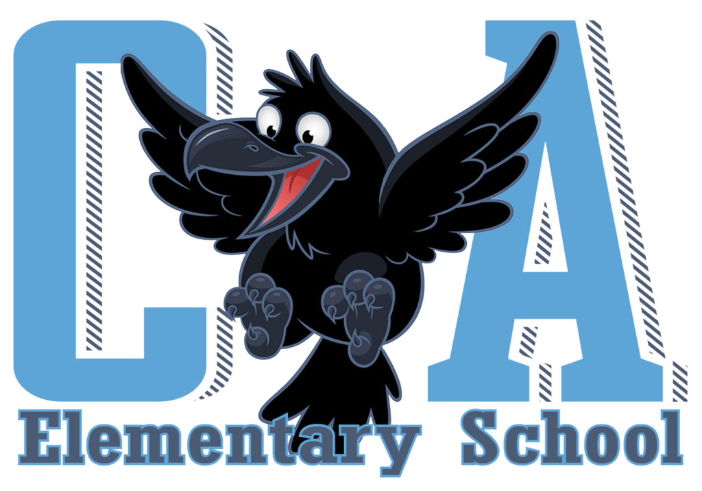 Cielo Azul Elementary logo with C and A letters with feathers the raven in between.