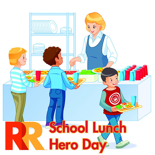 A cartoon image depicting a school cafeteria worker serving meals to young students.