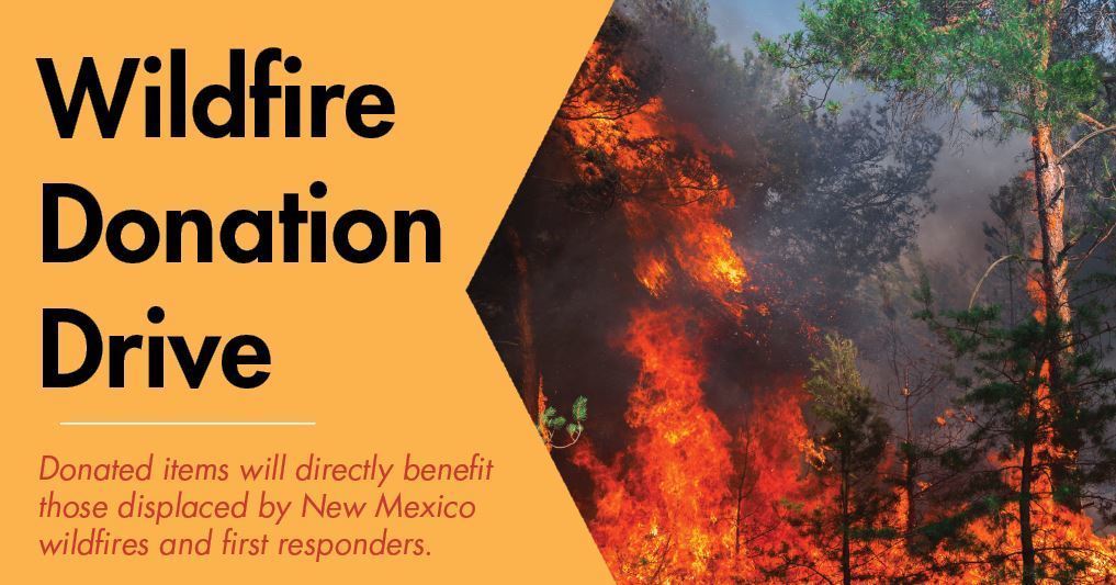 Wildfire Donation Drive written next to an image of a forest fire