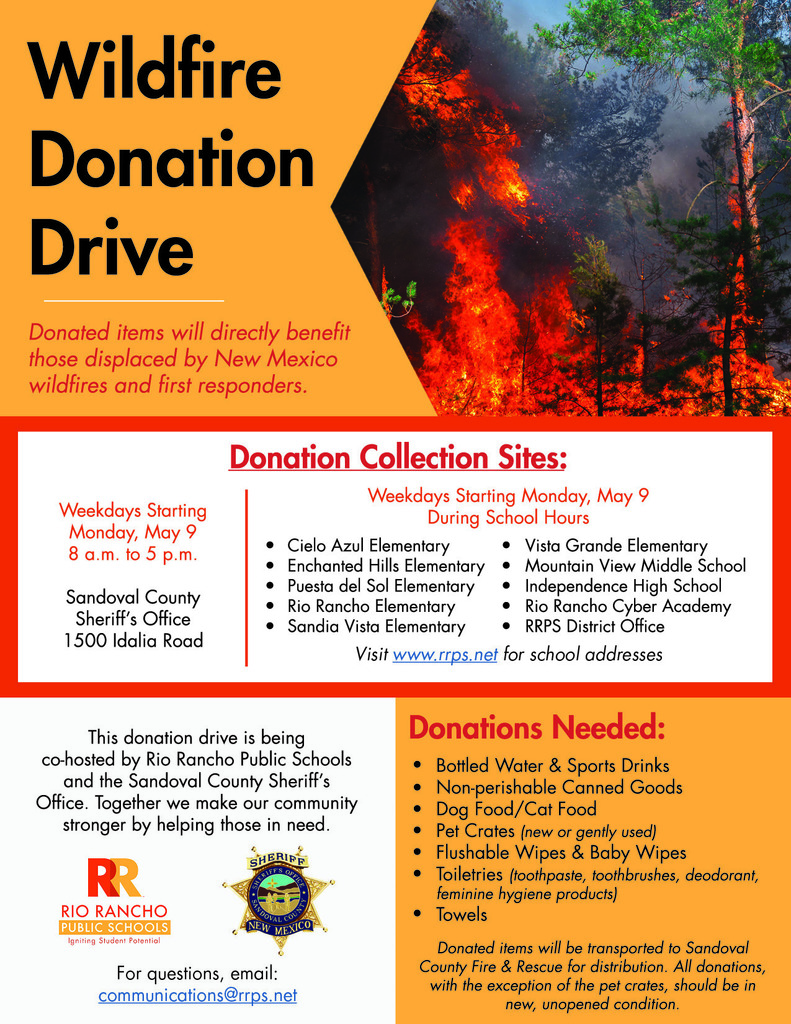 Wildfire donation drive with a photo of a forest fire.