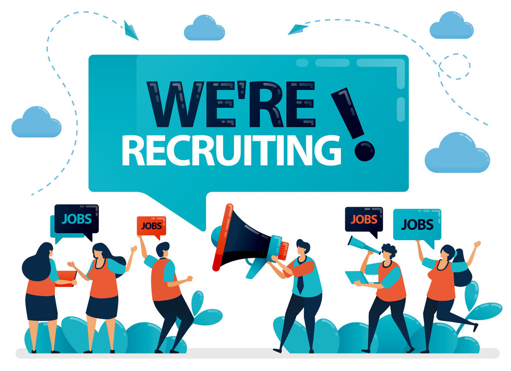 The words "We're Recruiting!" written in a thought bubble with cartoon people on megaphones.