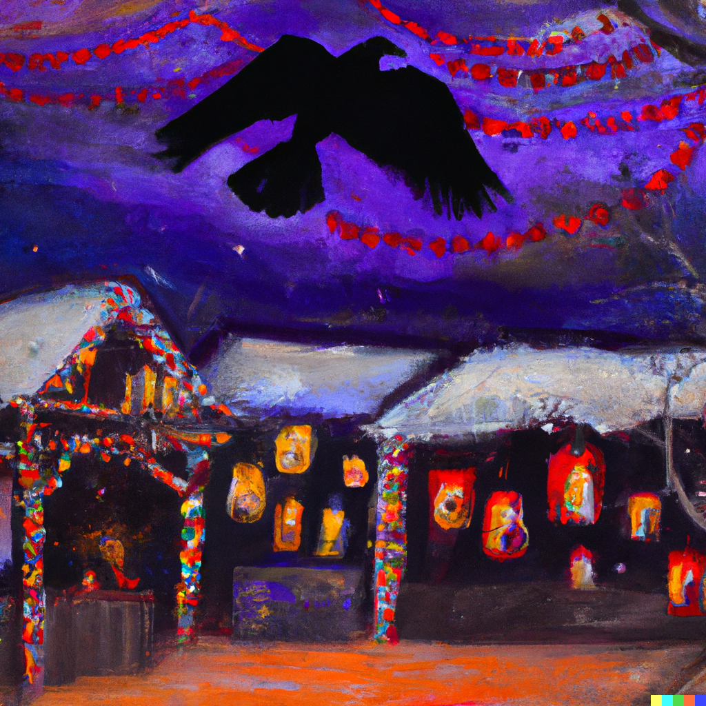 An AI generated picture of a raven above a small village with bright lights.